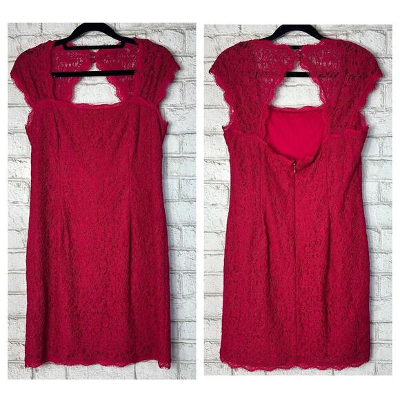 Adrianna Papell Dress Red Pink Sheath Lace Mini Party Cocktail 8 Petite - Picture 2 of 7